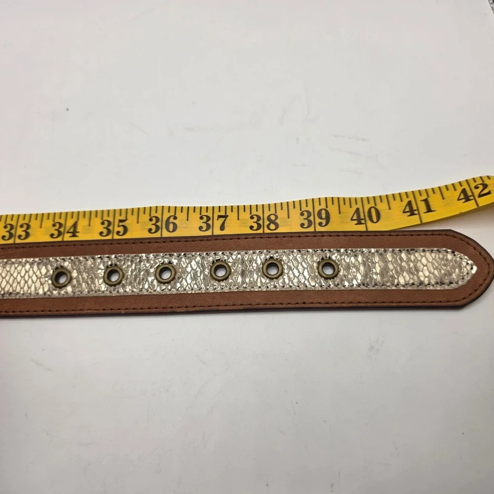 Chicos Brown Leather Metallic Snakeskin Print Belt Brass Buckle Size M RN 79984